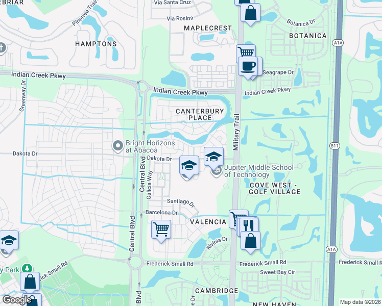 map of restaurants, bars, coffee shops, grocery stores, and more near 106 Foxford Court in Jupiter