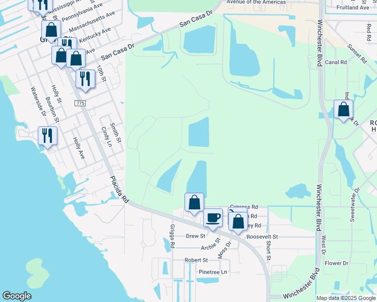 map of restaurants, bars, coffee shops, grocery stores, and more near 4255 Placida Road in Englewood