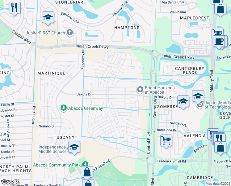 map of restaurants, bars, coffee shops, grocery stores, and more near 1217 Dakota Drive in Jupiter