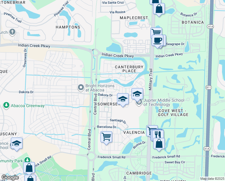 map of restaurants, bars, coffee shops, grocery stores, and more near 159 Mulligan Place in Jupiter