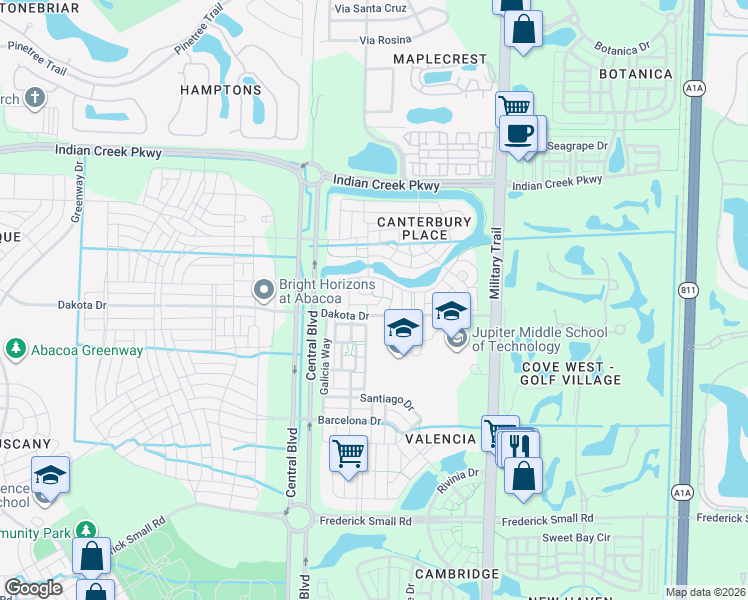 map of restaurants, bars, coffee shops, grocery stores, and more near 104 Midleton Way in Jupiter