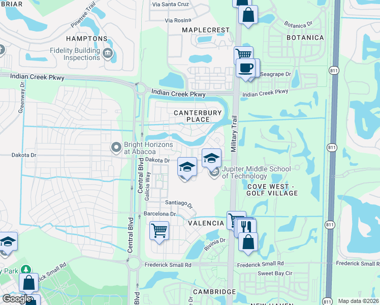 map of restaurants, bars, coffee shops, grocery stores, and more near 106 Foxford Court in Jupiter