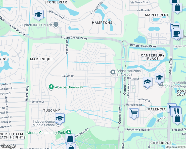 map of restaurants, bars, coffee shops, grocery stores, and more near 1217 Dakota Drive in Jupiter