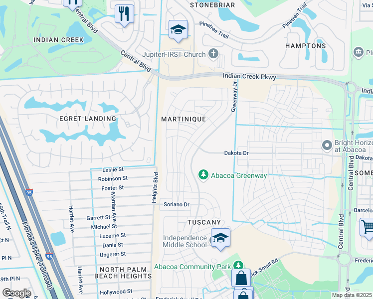 map of restaurants, bars, coffee shops, grocery stores, and more near 2873 East Community Drive in Jupiter