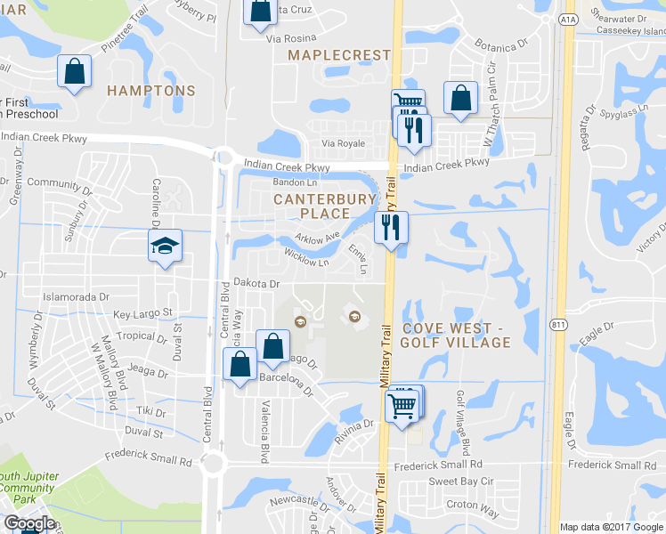map of restaurants, bars, coffee shops, grocery stores, and more near 118 Wicklow Ln in Jupiter