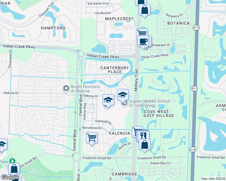 map of restaurants, bars, coffee shops, grocery stores, and more near 118 Foxford Court in Jupiter