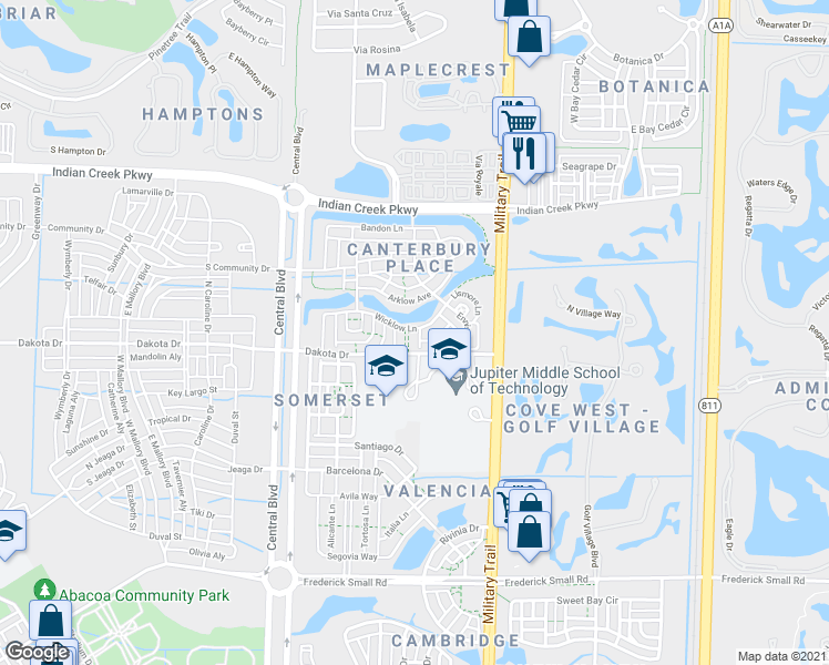 map of restaurants, bars, coffee shops, grocery stores, and more near 118 Foxford Court in Jupiter