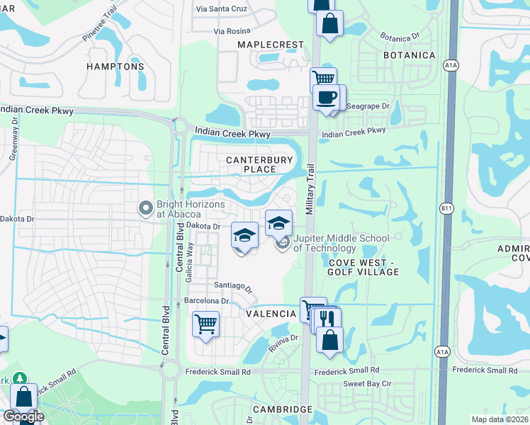 map of restaurants, bars, coffee shops, grocery stores, and more near 118 Wicklow Lane in Jupiter