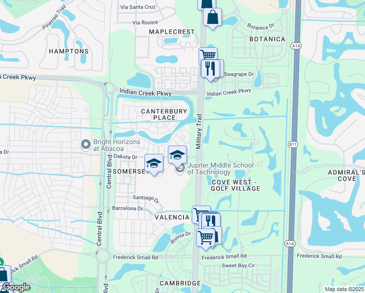 map of restaurants, bars, coffee shops, grocery stores, and more near 142 Ennis Lane in Jupiter