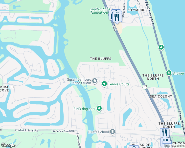 map of restaurants, bars, coffee shops, grocery stores, and more near 430 River Edge Road in Jupiter