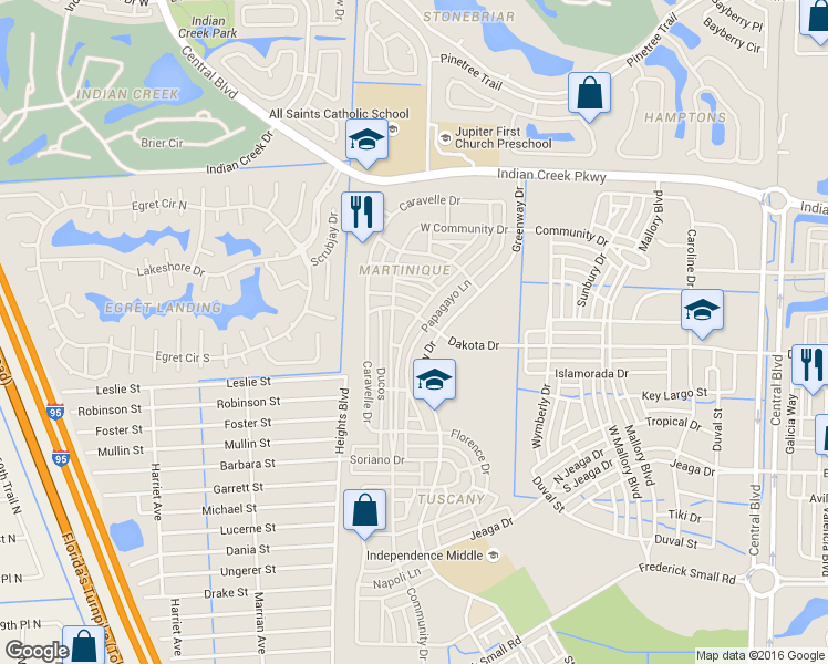 map of restaurants, bars, coffee shops, grocery stores, and more near 2849 East Community Drive in Jupiter