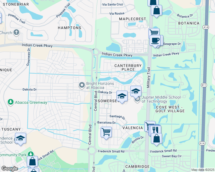 map of restaurants, bars, coffee shops, grocery stores, and more near 207 Mulligan Place in Jupiter