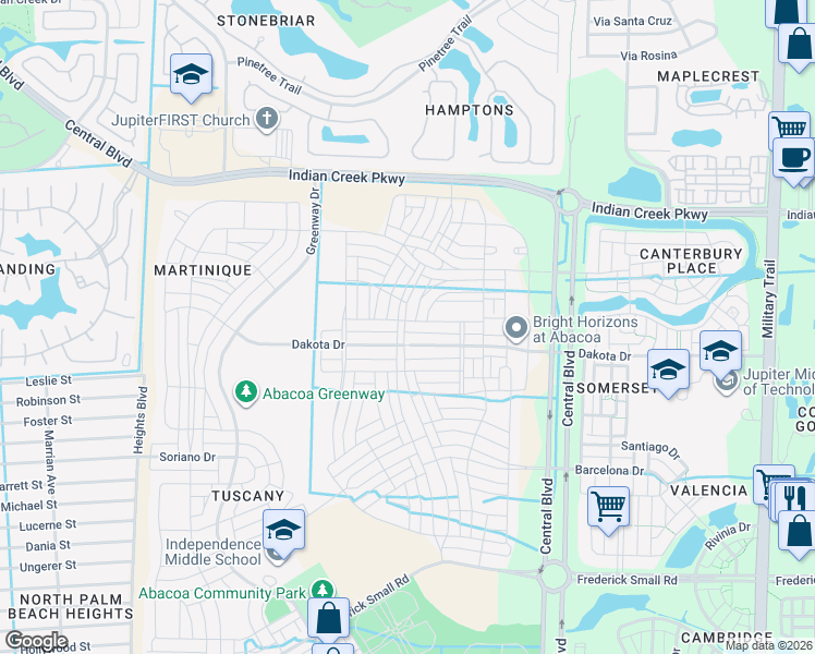 map of restaurants, bars, coffee shops, grocery stores, and more near 1252 Turnbridge Drive in Jupiter