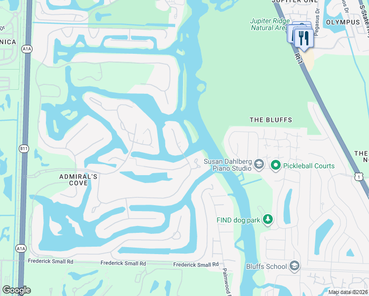 map of restaurants, bars, coffee shops, grocery stores, and more near 221 Commodore Drive in Jupiter