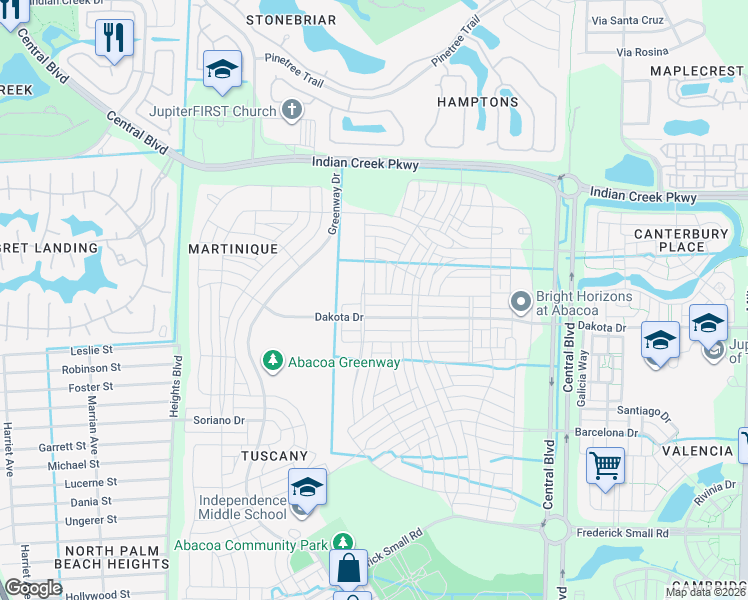 map of restaurants, bars, coffee shops, grocery stores, and more near 2748 Wymberly Drive in Jupiter