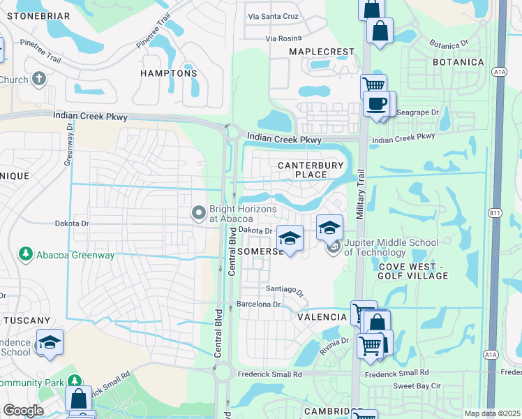 map of restaurants, bars, coffee shops, grocery stores, and more near 227 Mulligan Place in Jupiter
