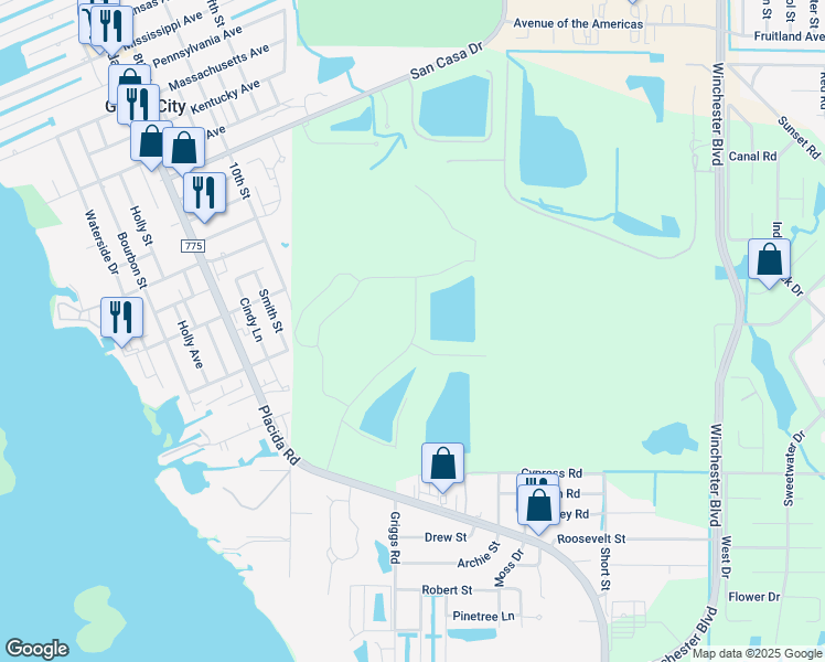 map of restaurants, bars, coffee shops, grocery stores, and more near 4255 Placida Road in Englewood