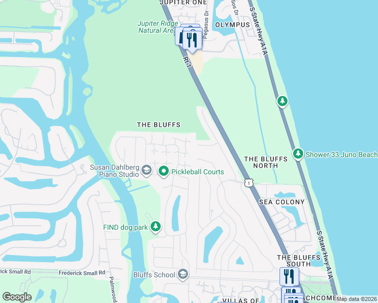 map of restaurants, bars, coffee shops, grocery stores, and more near 3040 30th Court in Jupiter