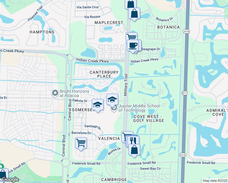 map of restaurants, bars, coffee shops, grocery stores, and more near 178 Lismore Lane in Jupiter