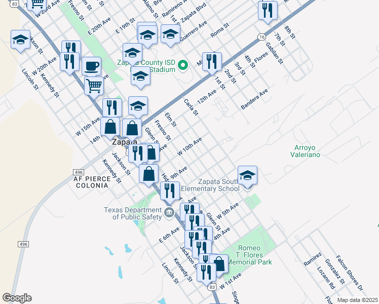 map of restaurants, bars, coffee shops, grocery stores, and more near 500-598 West 10th Avenue in Zapata