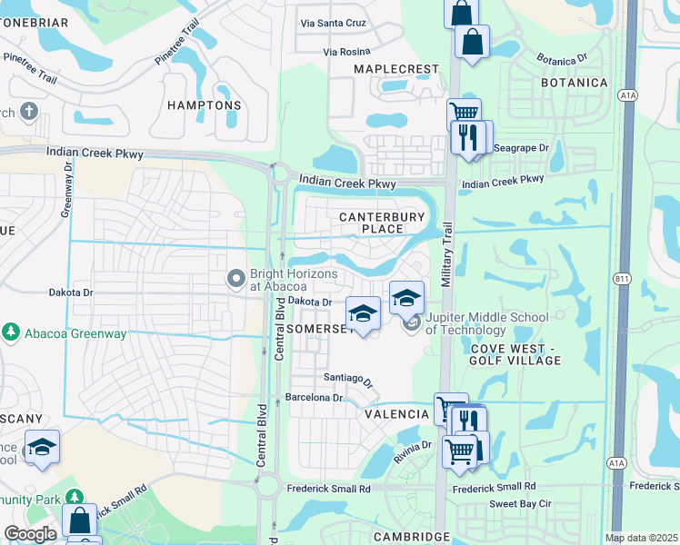 map of restaurants, bars, coffee shops, grocery stores, and more near 103 Mulligan Place in Jupiter