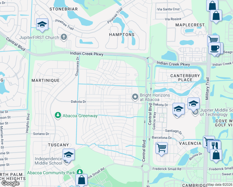 map of restaurants, bars, coffee shops, grocery stores, and more near 1130 South Prescott Drive in Jupiter
