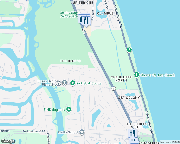 map of restaurants, bars, coffee shops, grocery stores, and more near 118 Knoll Way in Jupiter