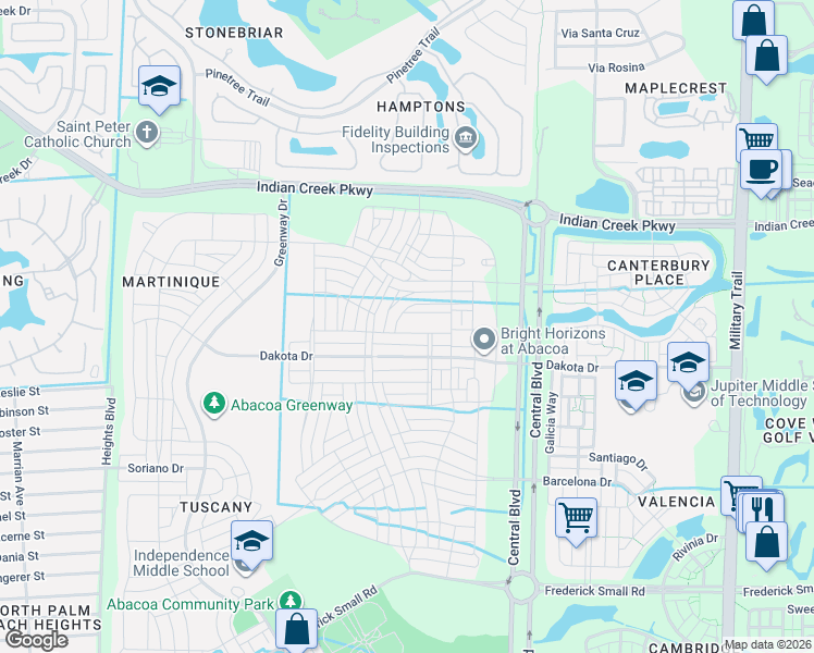 map of restaurants, bars, coffee shops, grocery stores, and more near 1143 Turnbridge Drive in Jupiter