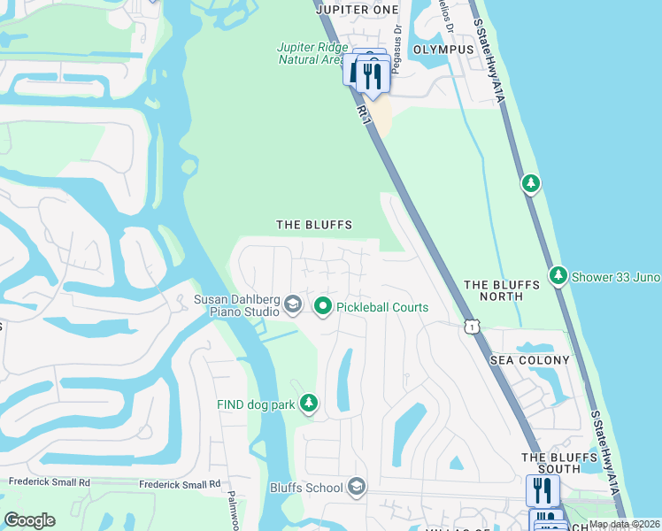 map of restaurants, bars, coffee shops, grocery stores, and more near 3076 30th Court in Jupiter