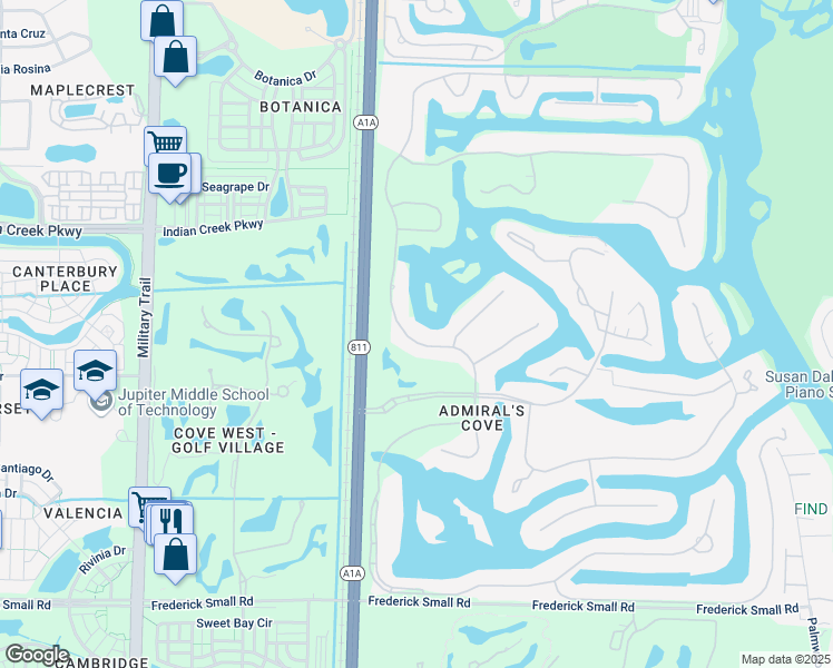 map of restaurants, bars, coffee shops, grocery stores, and more near 115 Regatta Drive in Jupiter