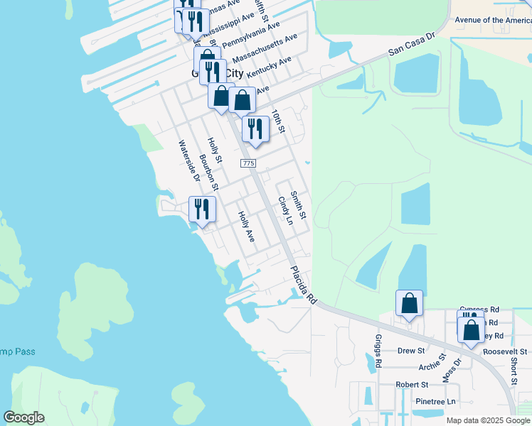map of restaurants, bars, coffee shops, grocery stores, and more near 3180 Placida Road in Englewood