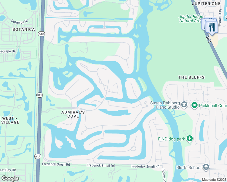 map of restaurants, bars, coffee shops, grocery stores, and more near 4001 Captains Way in Jupiter
