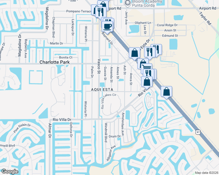 map of restaurants, bars, coffee shops, grocery stores, and more near 3430 Amanda Street in Punta Gorda