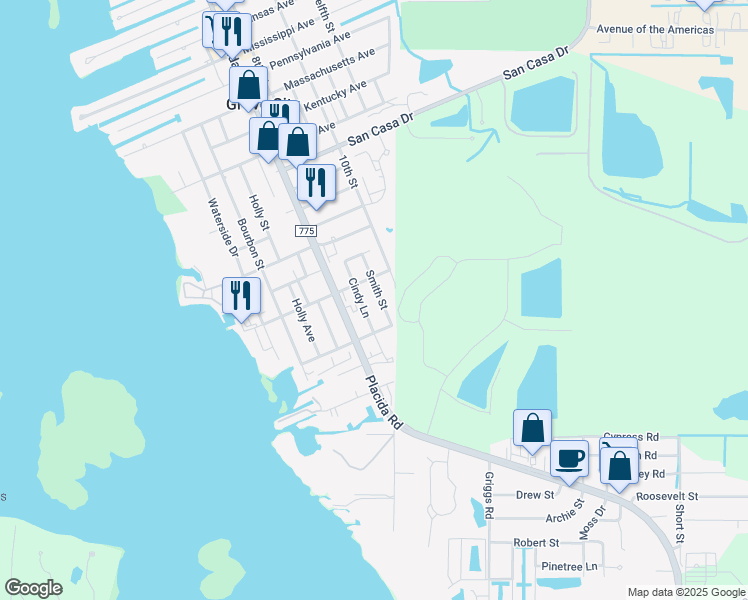 map of restaurants, bars, coffee shops, grocery stores, and more near 3201 Cindy Lane in Englewood