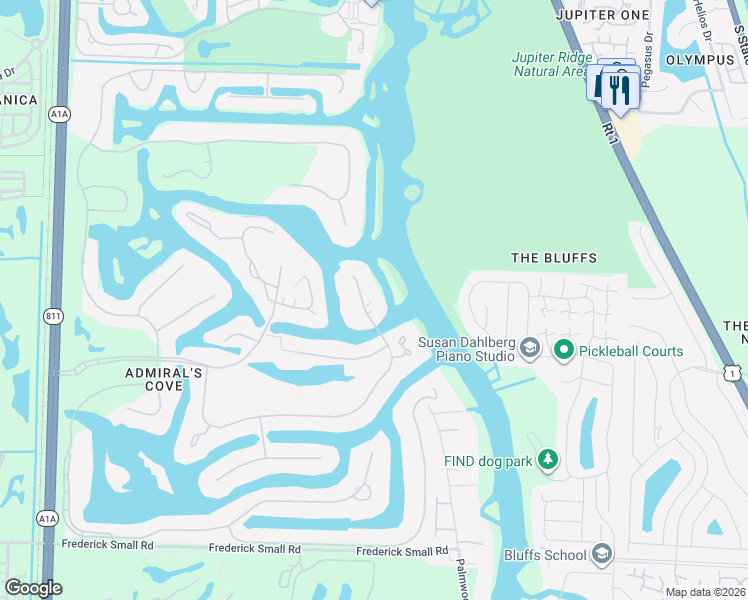 map of restaurants, bars, coffee shops, grocery stores, and more near 221 Commodore Drive in Jupiter