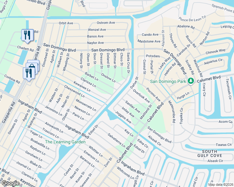 map of restaurants, bars, coffee shops, grocery stores, and more near 8354 Santa Cruz Drive in Port Charlotte