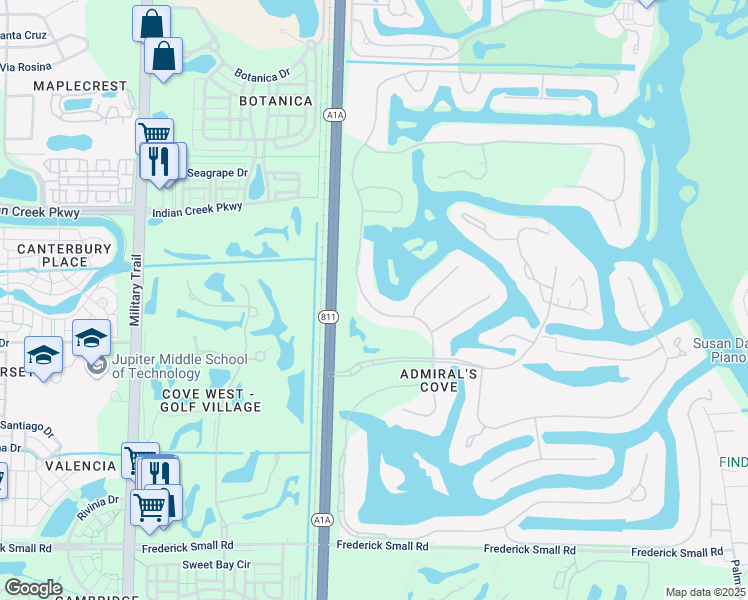 map of restaurants, bars, coffee shops, grocery stores, and more near 115 Regatta Drive in Jupiter