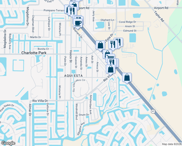 map of restaurants, bars, coffee shops, grocery stores, and more near 3501 Ash Street in Punta Gorda