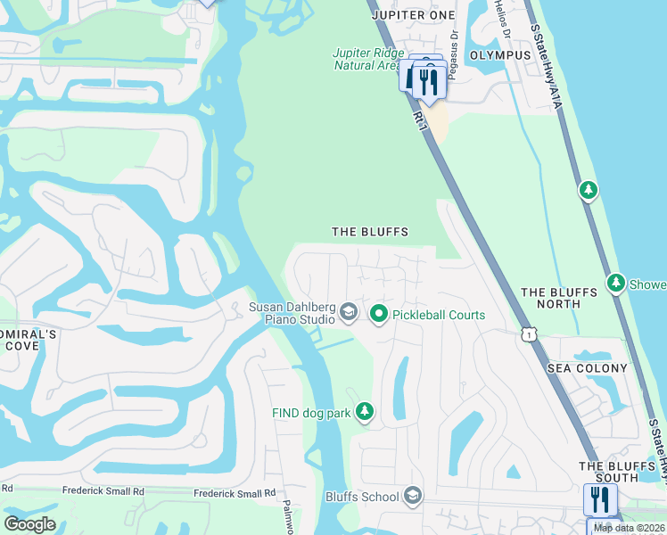map of restaurants, bars, coffee shops, grocery stores, and more near 416 River Edge Road in Jupiter