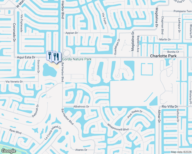 map of restaurants, bars, coffee shops, grocery stores, and more near 3322 Purple Martin Drive in Punta Gorda