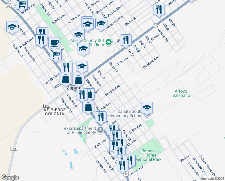 map of restaurants, bars, coffee shops, grocery stores, and more near 500 West 10th Avenue in Zapata