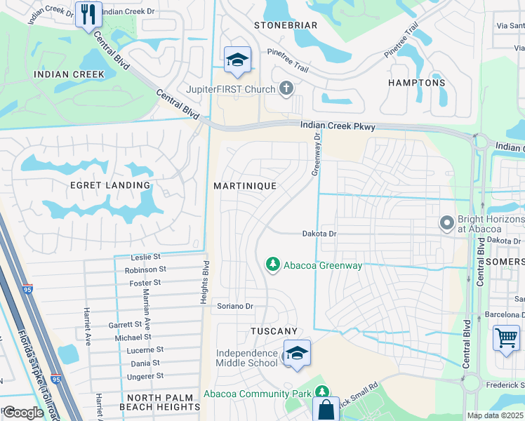 map of restaurants, bars, coffee shops, grocery stores, and more near 2761 East Community Drive in Jupiter
