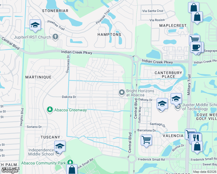 map of restaurants, bars, coffee shops, grocery stores, and more near 1122 South Prescott Drive in Jupiter