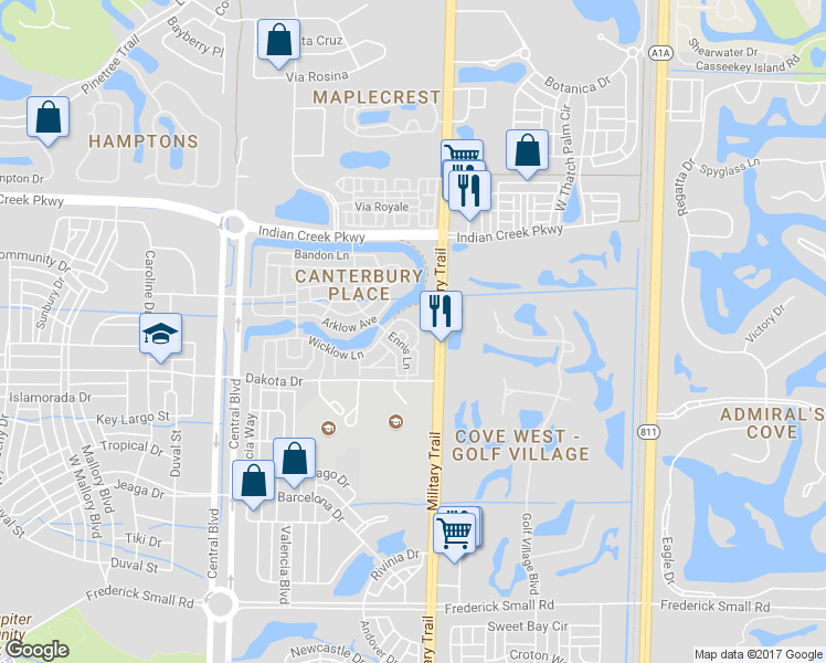 map of restaurants, bars, coffee shops, grocery stores, and more near 130 Lismore Lane in Jupiter