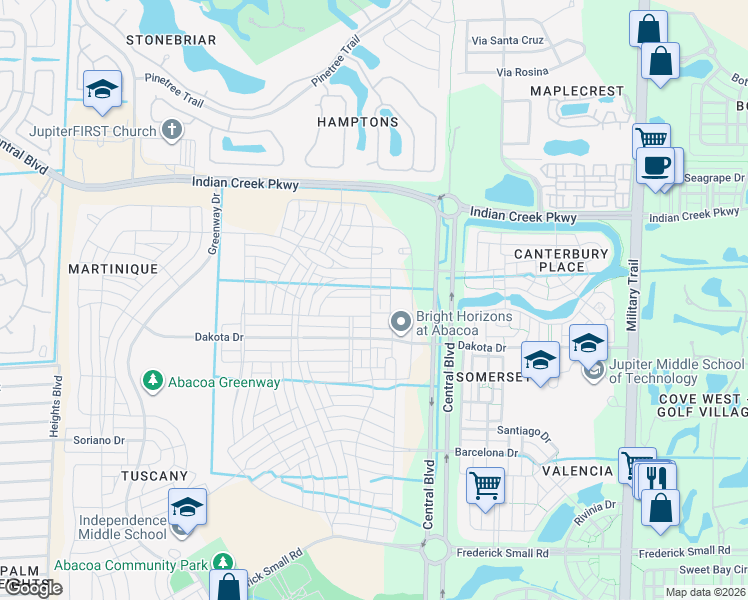 map of restaurants, bars, coffee shops, grocery stores, and more near 2792 North Bismark Lane in Jupiter
