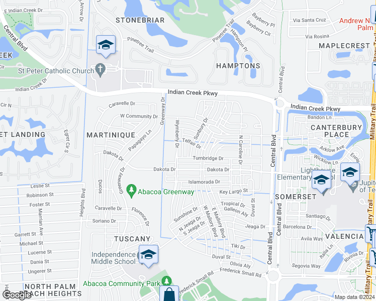 map of restaurants, bars, coffee shops, grocery stores, and more near Avalon Way in Jupiter