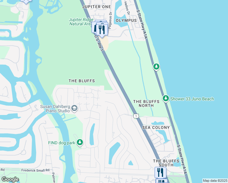 map of restaurants, bars, coffee shops, grocery stores, and more near 103 Knoll Way in Jupiter