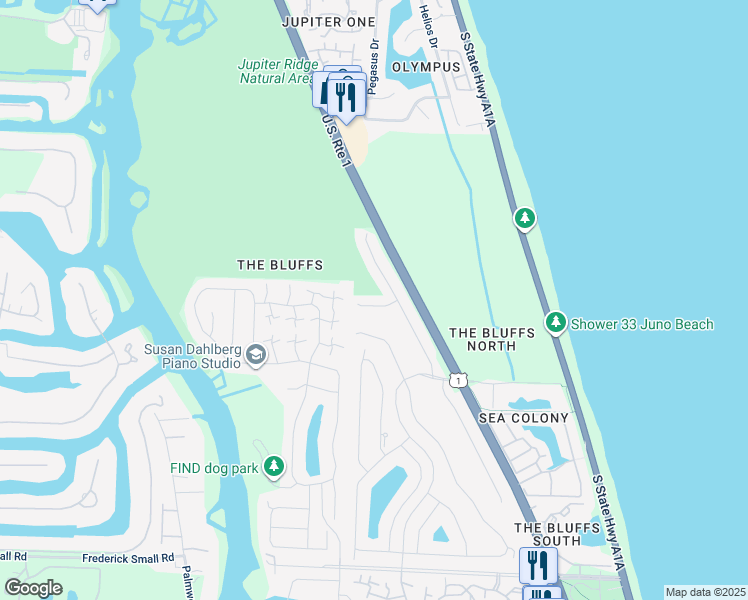 map of restaurants, bars, coffee shops, grocery stores, and more near 111 Knoll Way in Jupiter