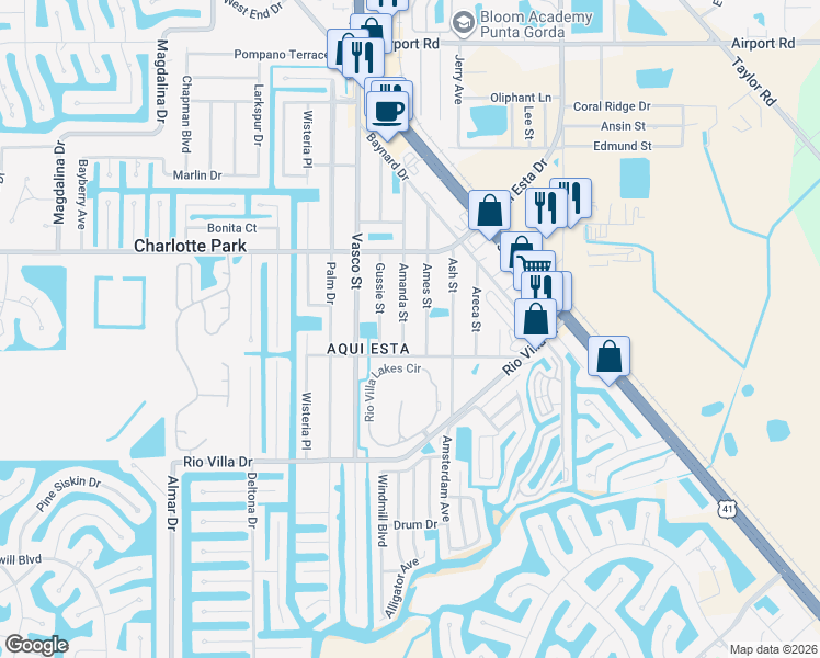 map of restaurants, bars, coffee shops, grocery stores, and more near 3430 Amanda Street in Punta Gorda