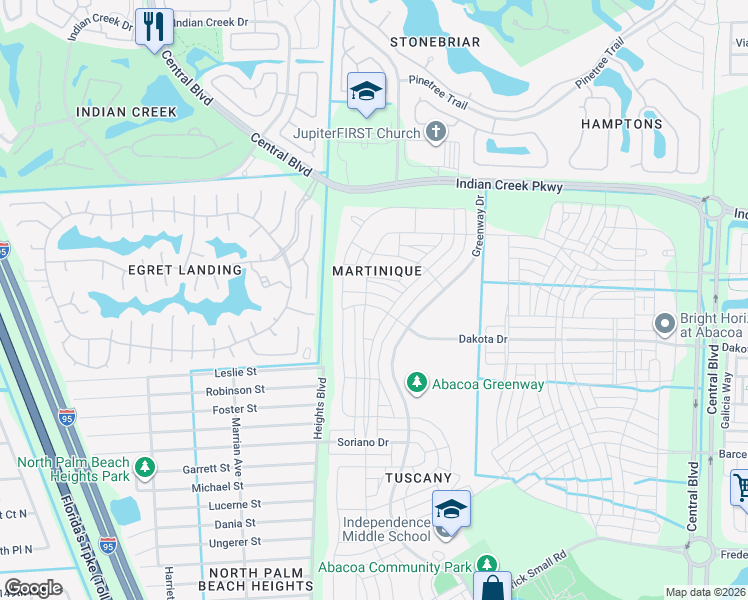map of restaurants, bars, coffee shops, grocery stores, and more near 1821 Dakota Drive in Jupiter